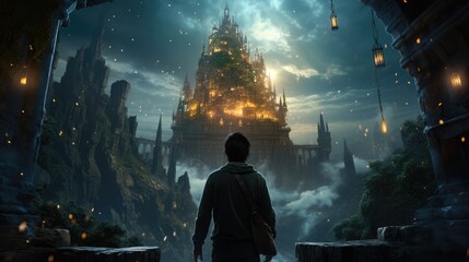 epic scene from a young adult fantasy. a 15 years old very handsome boy with a vintage steam punk look fleeing from a magic and mystical gate, AI Generative - obrazy, fototapety, plakaty