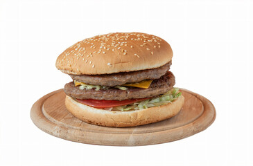 double cheeseburger on wooden plate isolated in white 