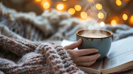 A close-up shot of a person's hand holding a steaming cup of coffee, with a cozy blanket and a book in the background.