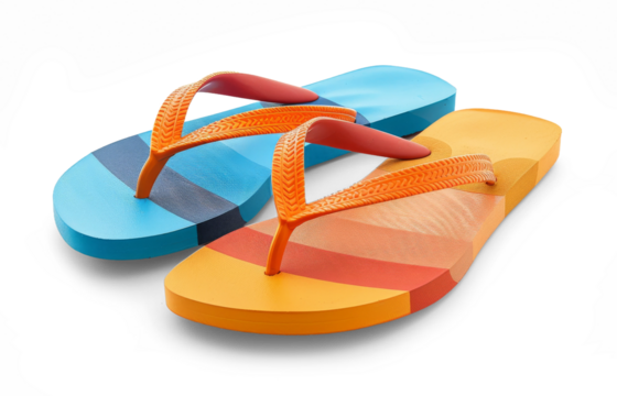 Two flip flops with blue and orange isolated on white or transparent background