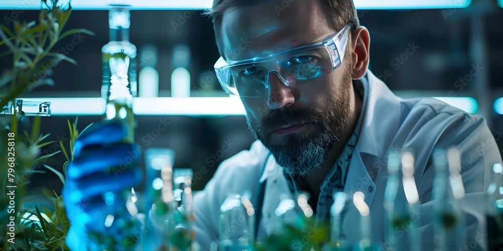 Poster scientist examining algae samples for potential biofuel applications in a laboratory setting descrip