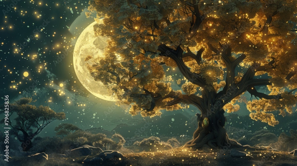 Poster deep in a hidden grove a tree stands tall and proud its trunk adorned with glowing crystals and its 
