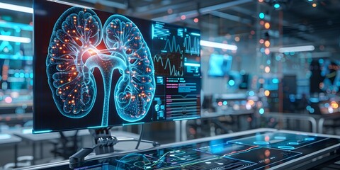 Advanced Medical Research Facility Visualizing Kidney Detoxification Processes in High Tech 3D Holographic Display