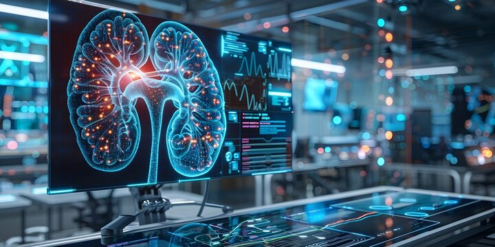 Advanced Medical Research Facility Visualizing Kidney Detoxification Processes in High Tech 3D Holographic Display