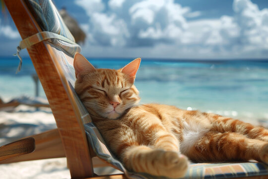 Relaxed Cat Napping on a Beach Chair