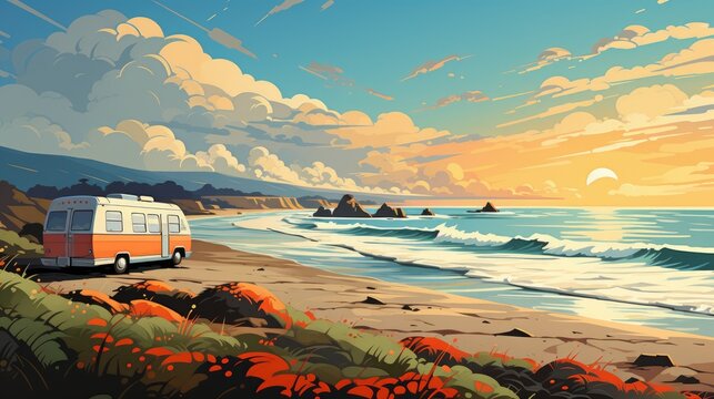 a portrait Extraordinary Muted Art in the style, Camper parked along a sandy beach, sand dunes with beach grass and ivy, AI Generative