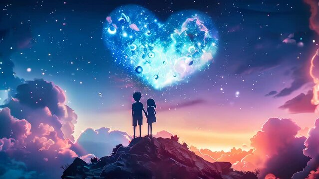 Silhouettes of two children contemplating a big heart shape on the night sky. Universe loves us concept animation.