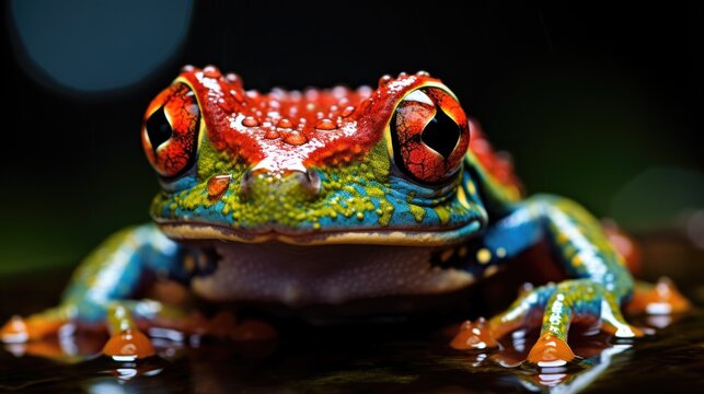 close up photo of a tropical punk tree frog on a large wet frond, AI Generative