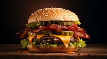 an appetizing bacon cheeseburger, including a beef patty, bacon, cheese, lettuce, and tomato on a bun.