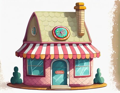 illustration of a small cute candy store building on a white background
