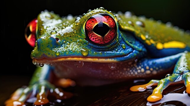Extreme close up photo of a tropical punk tree frog on a large wet frond, AI Generative