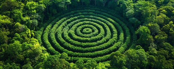 Aerial View of Lush Green Spiral Forest Maze - 796826646