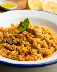 Spanish rice paella with Iberian pork loin