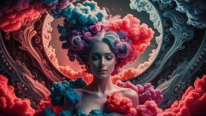 Clouds of colored smoke surrounding a woman. A charming and mysterious atmosphere of an abstract smoky background, captivating you into the cloudy world of erotic fantasies. AI generated.