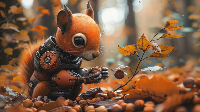 a picture extremely cute little robot squirrel collecting nuts, AI Generative