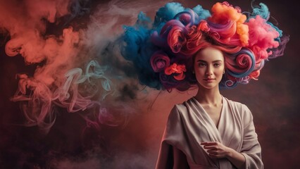 Clouds of colored smoke surrounding a woman. A charming and mysterious atmosphere of an abstract smoky background, captivating you into the cloudy world of erotic fantasies. AI generated. - obrazy, fototapety, plakaty