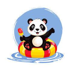 Сute cartoon panda on a lifebuoy. Summer fun panda