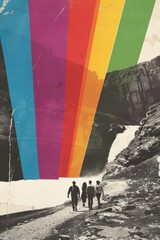Minimal retro collage of a black and white photo environment adventure outdoors rainbow.