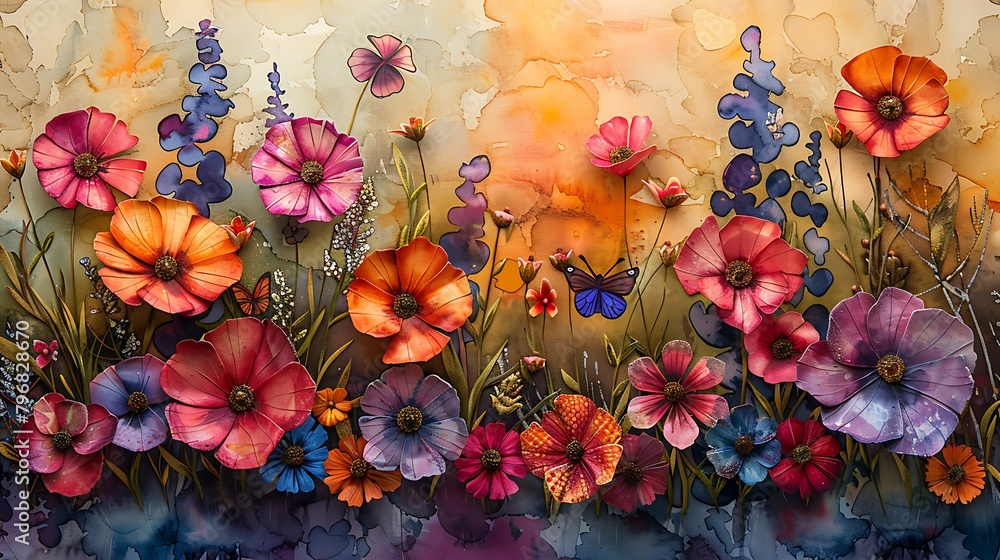 Wall mural create a vibrant garden scene using watercolors to paint a soft background of blooming wildflowers, 