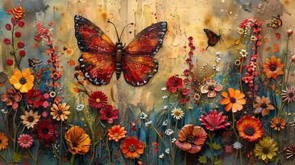 Create a vibrant garden scene using watercolors to paint a soft background of blooming wildflowers, then layer with acrylics for detailed, vivid foreground elements like butterflies and bees