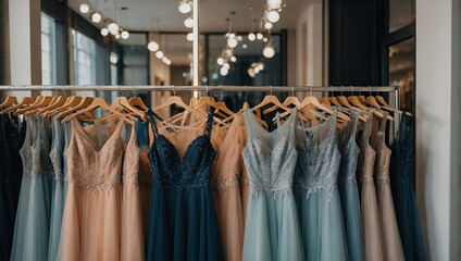 A row of 8 evening gowns in various shades of pink and blue.