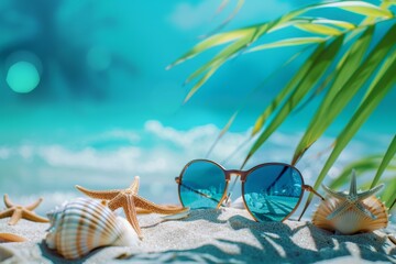 Fototapeta na wymiar Sunglasses and starfish on the beach with sea background summer vacation concept, copy space for text Generative AI