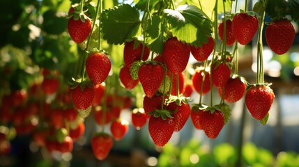 Obraz premium a illustration Red Strawberry in Garden background, Strawberries hang down in strings, Like rows of wind chimes, AI Generative