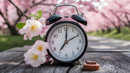 Alarm clock with cherry blossoms, switch to daylight saving time in spring, summer time changeover with a free space