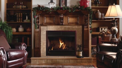 Fototapeta premium The classic woodburning fireplace is enhanced with builtin shelves for storage and display making it the perfect centerpiece for a traditional living room. 2d flat cartoon.