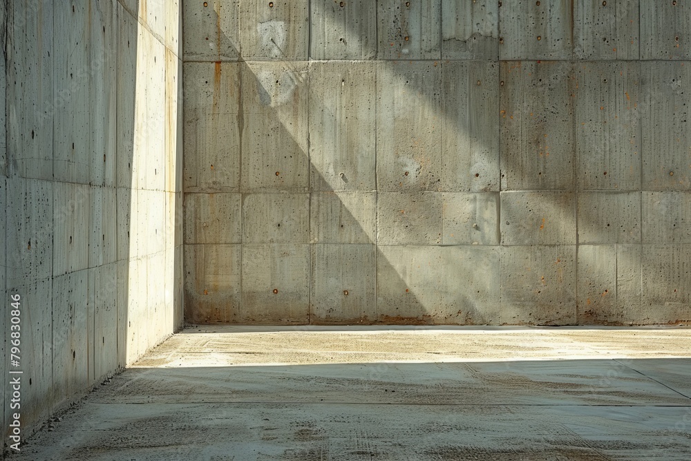 Poster warm sunlight casts sharp geometric shapes on the corner of a concrete structure, creating a visuall