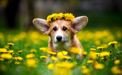 dog in dandelions