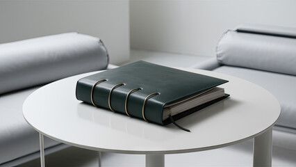 An emerald notebook lies on a white table, with gold fittings.