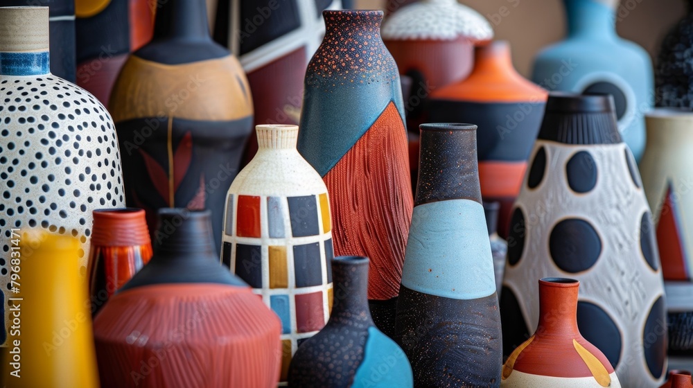 Poster a set of decorative vases with modern and abstract designs featuring geometric shapes and bold color