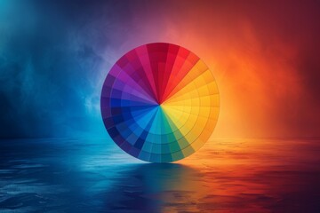 An illuminated color wheel casts vibrant hues on a reflective surface, creating a visually impactful image with a modern feel