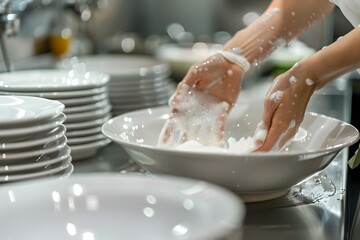 Hands washing white dishes in modern kitchen or restaurant. Concept Household Chores, Kitchen Hygiene, Dishwashing Techniques - obrazy, fototapety, plakaty