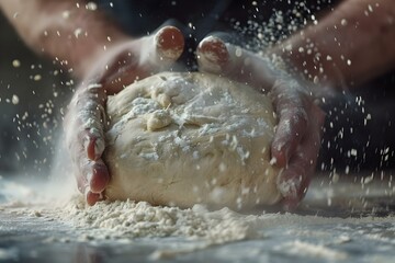 Fototapeta premium Closeup shots of hands kneading pizza dough on floured surface. Concept Closeup Photography, Food Preparation, Culinary Art, Kneading Dough, Food Styling