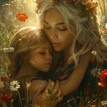Una linda imagen de una madre abrazando a su hija en un mundo de fantasía