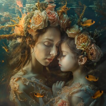 Una imagen conceptual de una madre y una hija abrazadas,flotando bajo el profundo océano
