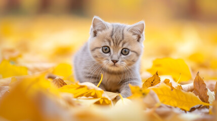 Fototapeta premium Furry Wanderer: A Tiny Kitten Explores the Autumn Leaves