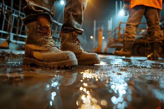 Construction workers boots on wet ground at night on illuminated construction site. Concept Night Photography, Construction Site, Work Boots, Wet Ground, Illuminated Environment