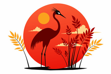 Obraz premium Red Crowned Crane Silhouette at Sunset Vector Illustration with Pond Plants white background