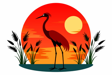 Red Crowned Crane Silhouette at Sunset Vector Illustration with Pond Plants white background