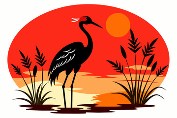 Red Crowned Crane Silhouette at Sunset Vector Illustration with Pond Plants white background