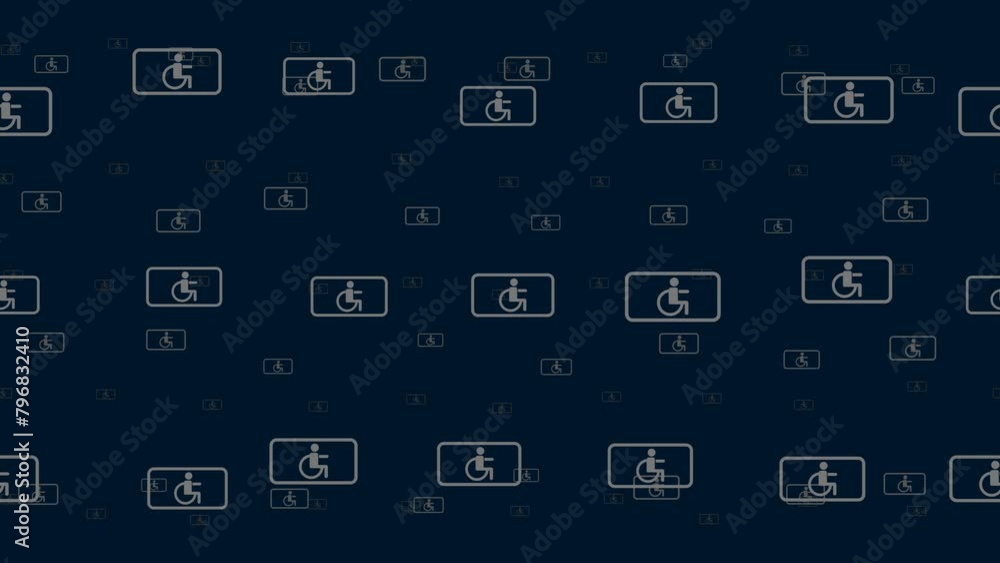 Poster disabled road signs float horizontally from left to right. parallax fly effect. floating symbols are