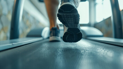 Close-up on the feet of a runner on a treadmill, showcasing the motion and fitness equipment during an intense cardio workout in a sports facility. - obrazy, fototapety, plakaty