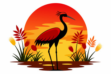 Red Crowned Crane Silhouette at Sunset Vector Illustration with Pond Plants white background