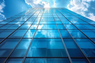 The sky's reflection on a towering glass skyscraper, invoking themes of ambition, aspiration, and the reach for the sky