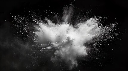 Graue und schwarze Farbexplosion vor dunklem Hintergrund, rauchender Knall, Explosion aus grauem und schwarzem Pulver
