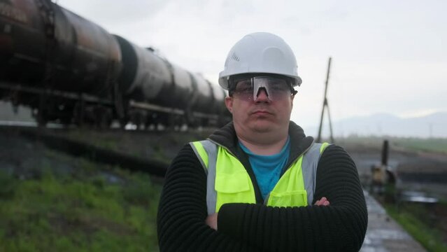 Male resource worker in the extractive industry stands near the railway cars with oil, shaking his head with his arms crossed on his chest, expressing satisfaction with the work done.