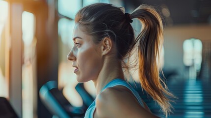 Naklejka premium Profile view of a focused young woman with a ponytail wearing workout attire, running on a treadmill in a gym setting with natural light.